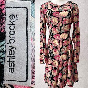 Vintage 90s Ashley Brooke Long Sleeve Floral Rayon Swing Dress VTG 10 / Modern 6